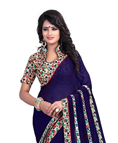 Oomph! Women's Chiffon Sarees Party Wear/Fancy Chiffon Sarees/Printed Chiffon Sarees - Indigo Blue &amp; Beige