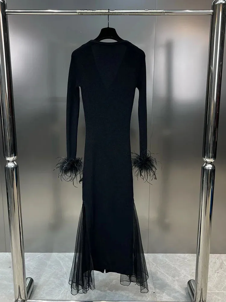 Pre Order:  Feathered Cuffs Mesh Spliced Dress