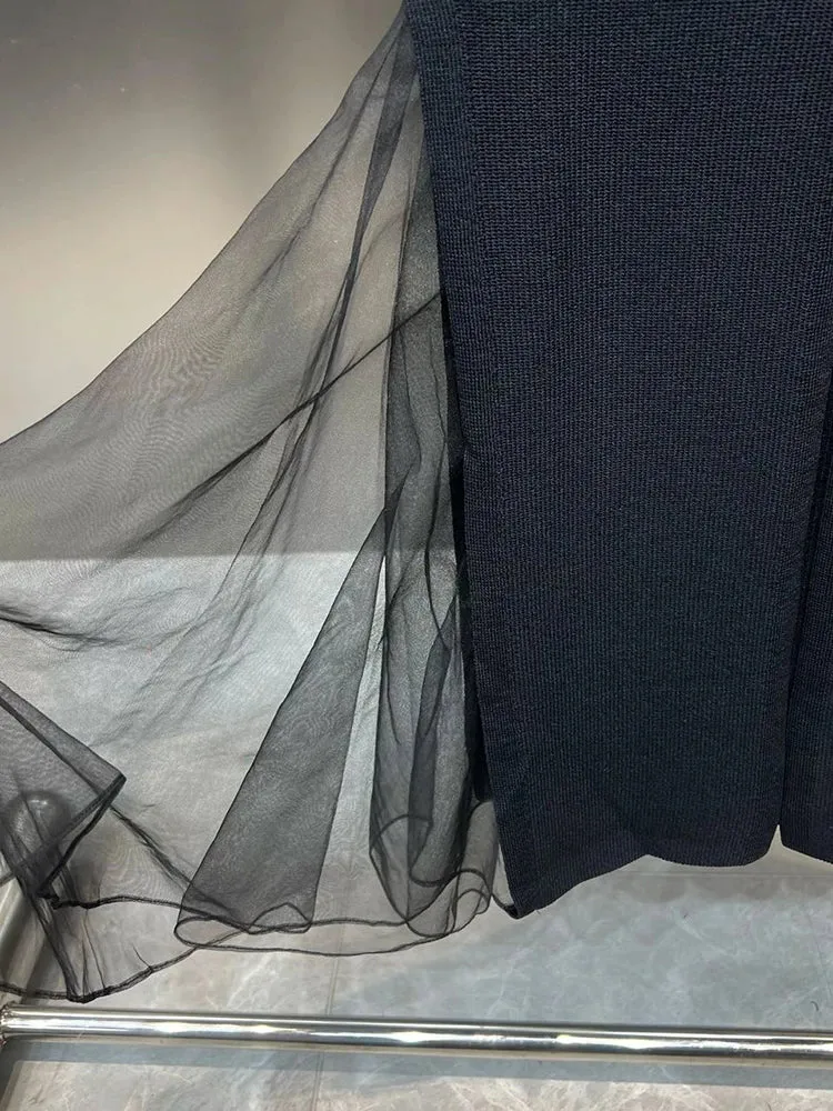 Pre Order:  Feathered Cuffs Mesh Spliced Dress