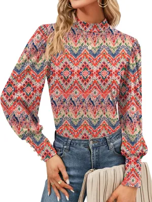 Qirno Womens Mock Neck Puff Long Sleeve Tops Casual Loose Solid Basic T Shirt Button Cuffs Pullovers Shirts Blouse