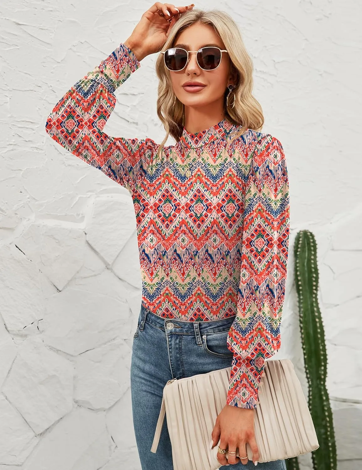 Qirno Womens Mock Neck Puff Long Sleeve Tops Casual Loose Solid Basic T Shirt Button Cuffs Pullovers Shirts Blouse