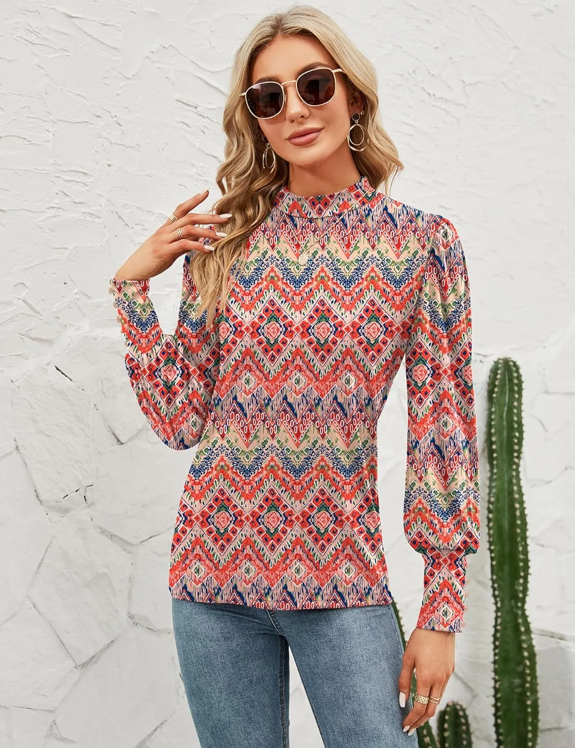 Qirno Womens Mock Neck Puff Long Sleeve Tops Casual Loose Solid Basic T Shirt Button Cuffs Pullovers Shirts Blouse