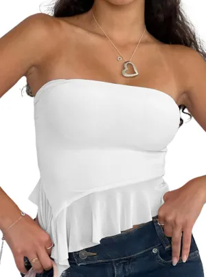 Remidoo Women's Ruffle Asymmetrical Hem Crop Tops Sexy Sheer Mesh Strapless Tube Top