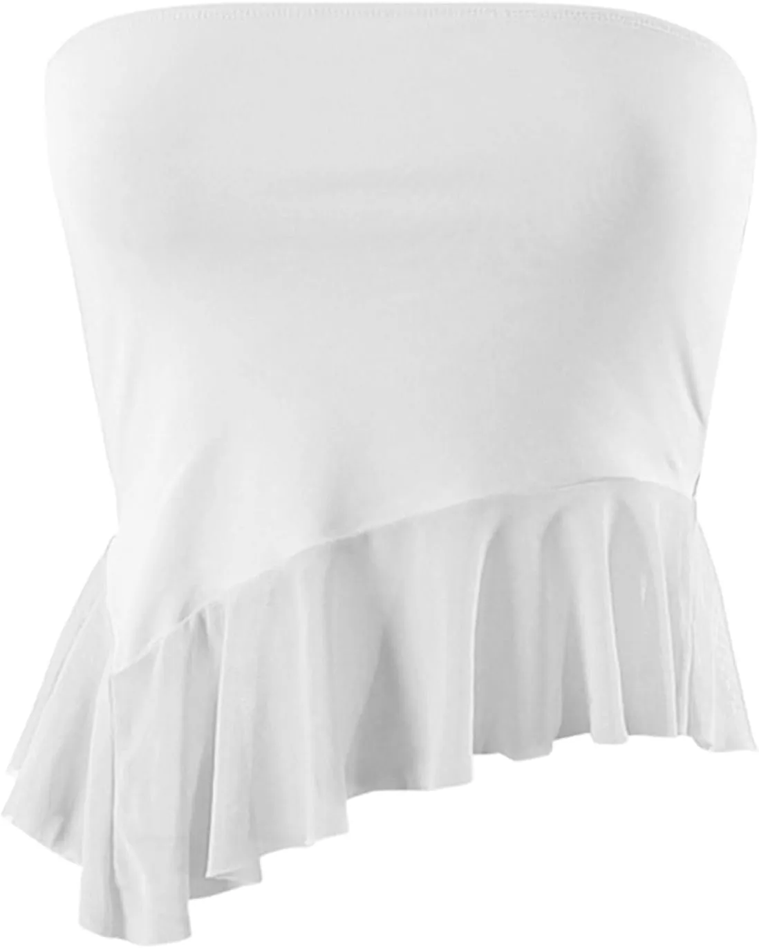 Remidoo Women's Ruffle Asymmetrical Hem Crop Tops Sexy Sheer Mesh Strapless Tube Top