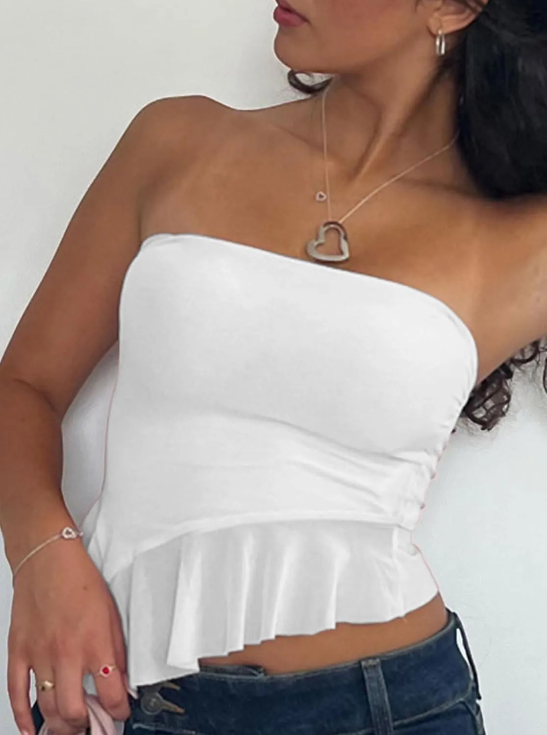 Remidoo Women's Ruffle Asymmetrical Hem Crop Tops Sexy Sheer Mesh Strapless Tube Top