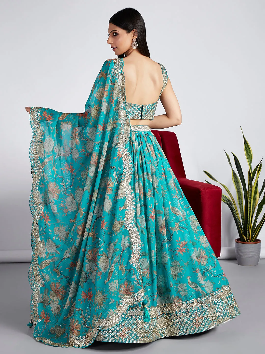 Sea green colour Organza Floral design digital print Semi-Stitched Lehenga choli & Dupatta