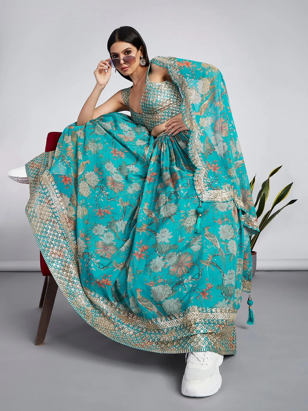 Sea green colour Organza Floral design digital print Semi-Stitched Lehenga choli & Dupatta