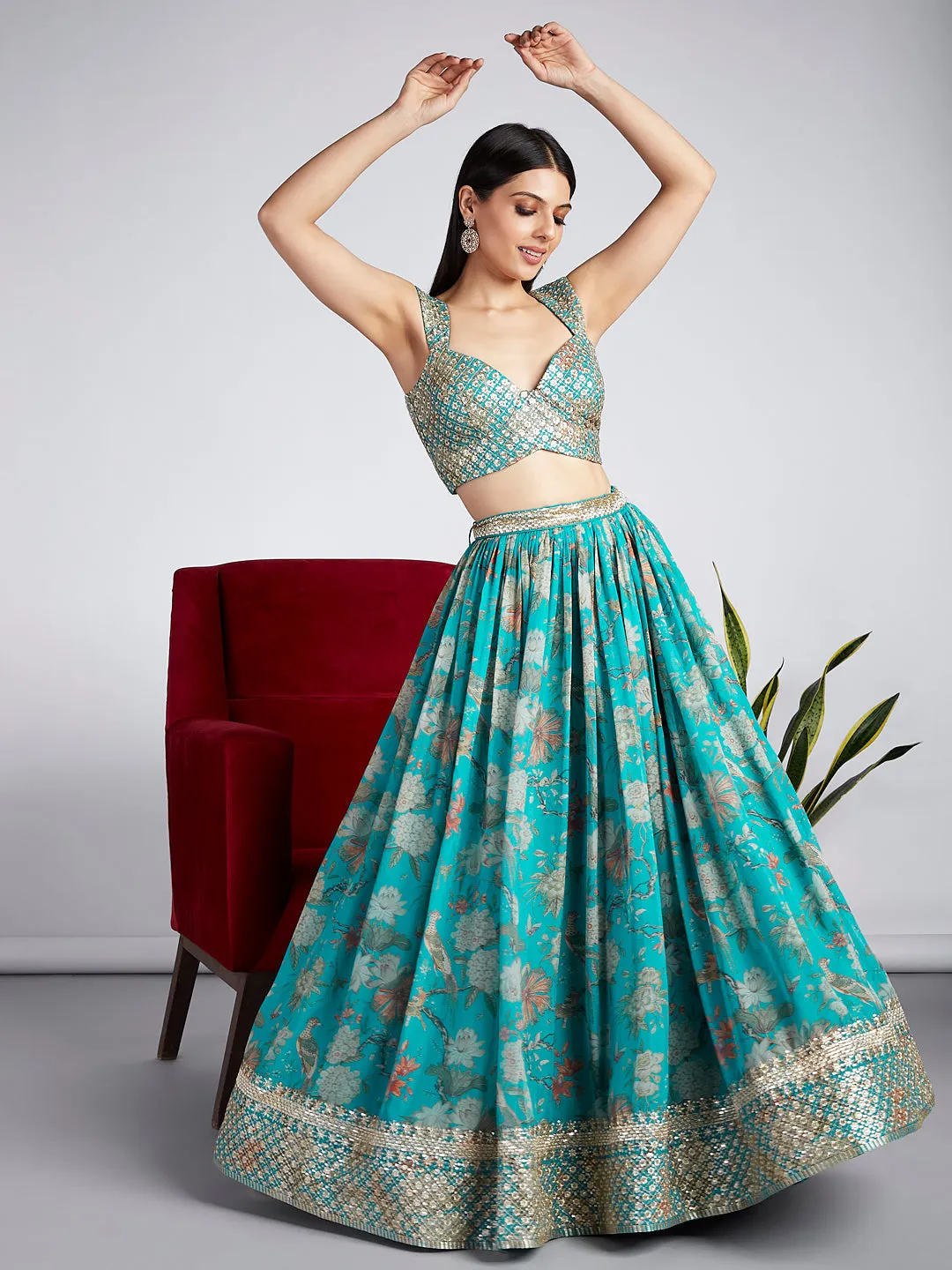 Sea green colour Organza Floral design digital print Semi-Stitched Lehenga choli & Dupatta
