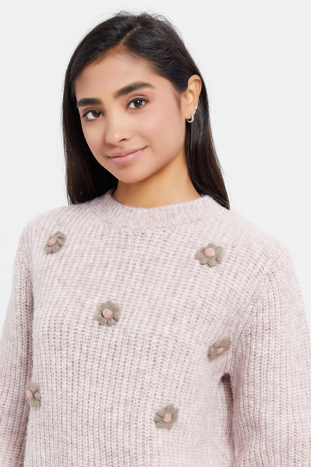 Senior Girls Pink Floral Embroidered Pullover