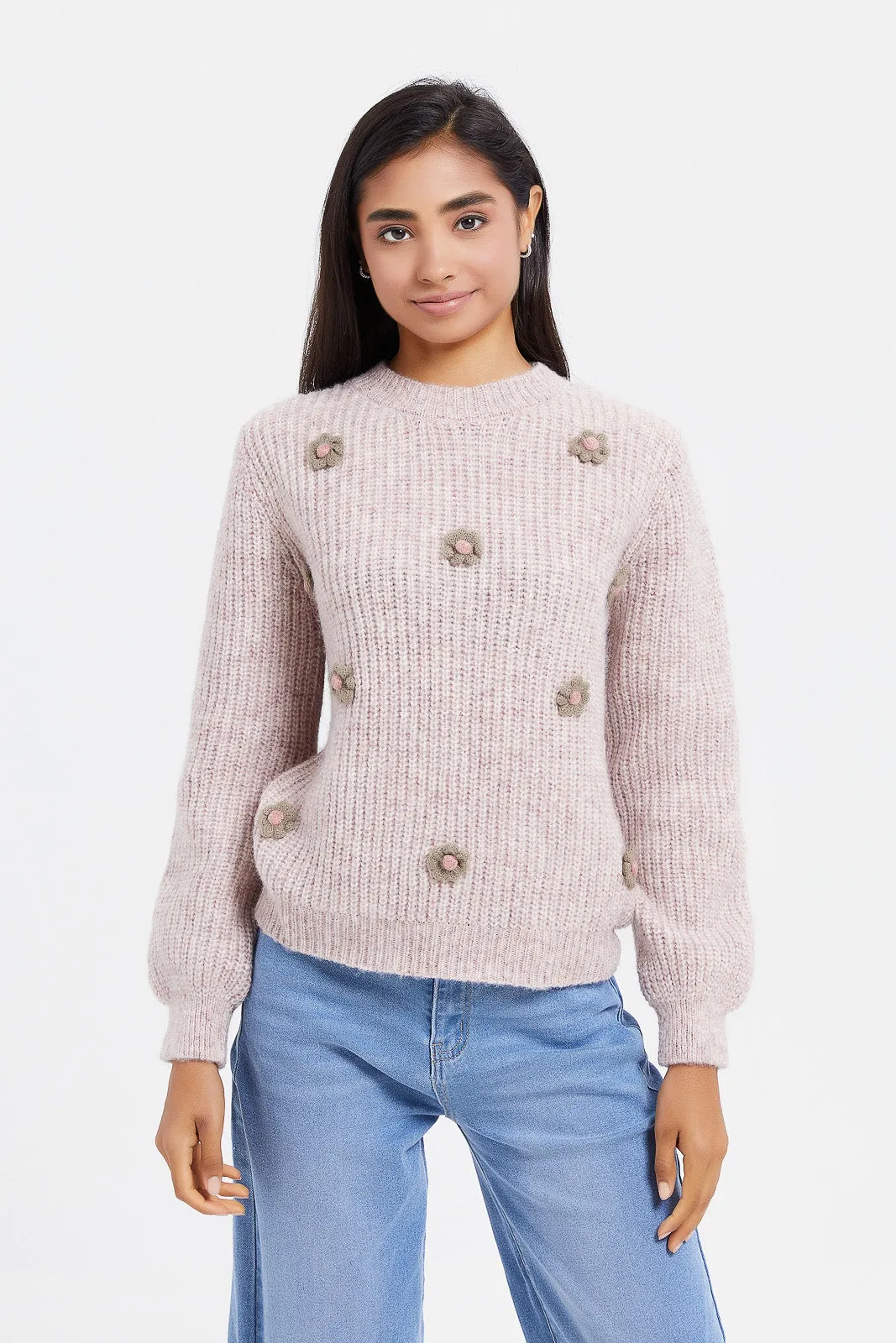Senior Girls Pink Floral Embroidered Pullover