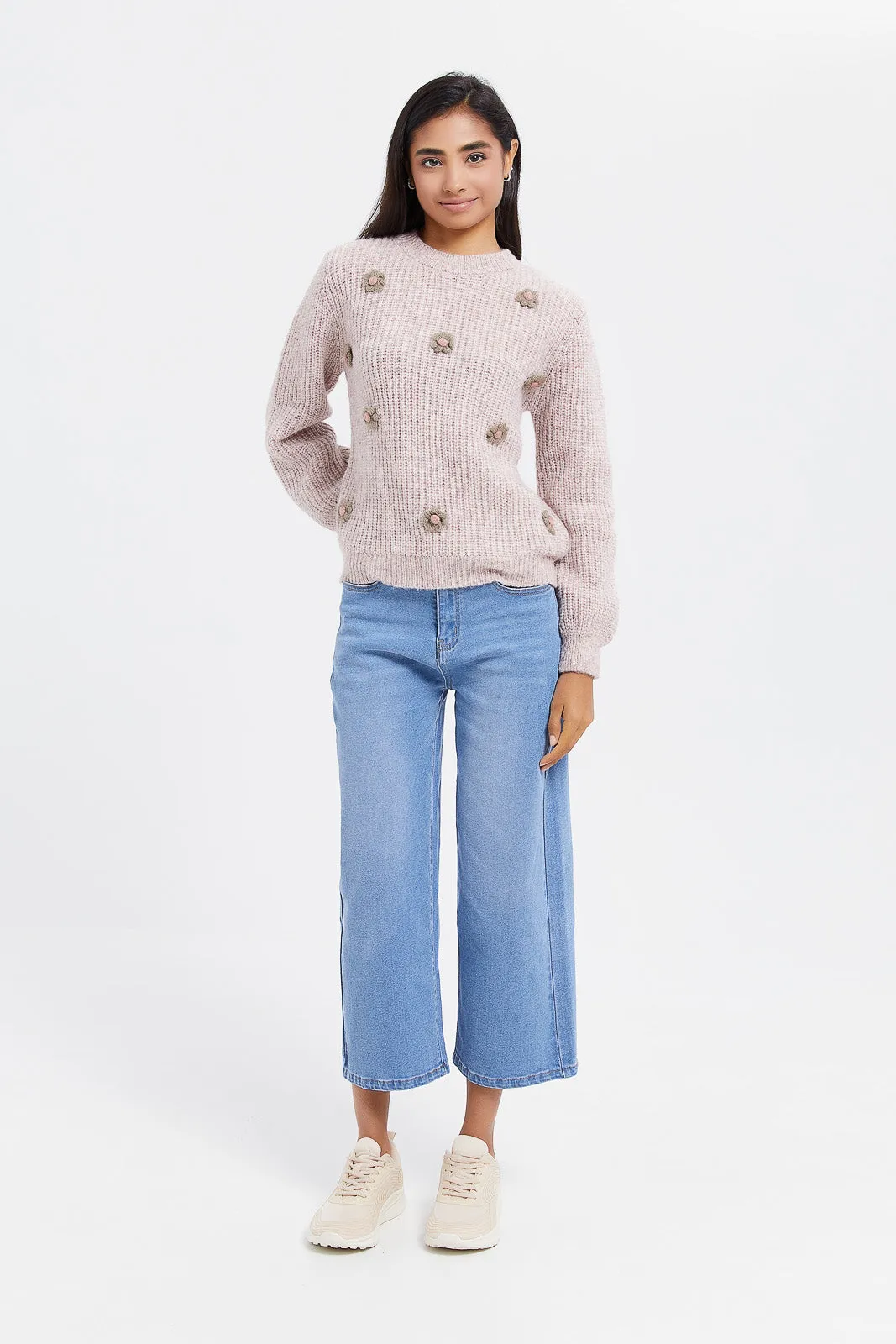 Senior Girls Pink Floral Embroidered Pullover
