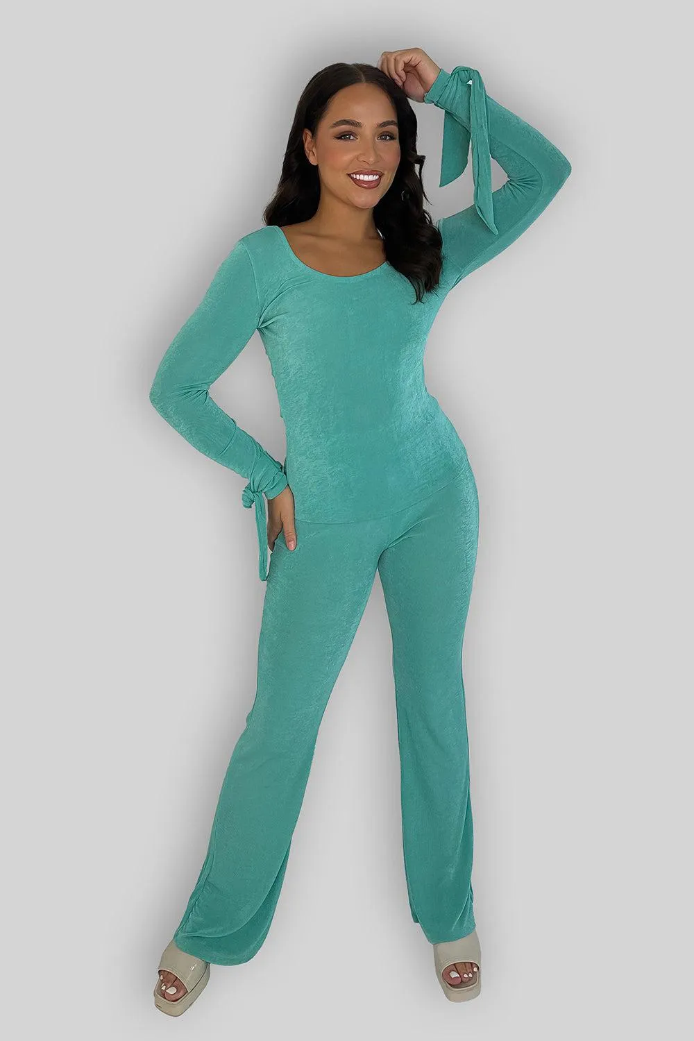 Sheer Slinky Tie Sleeve Top And Straight Leg Trousers Co-ord Set
