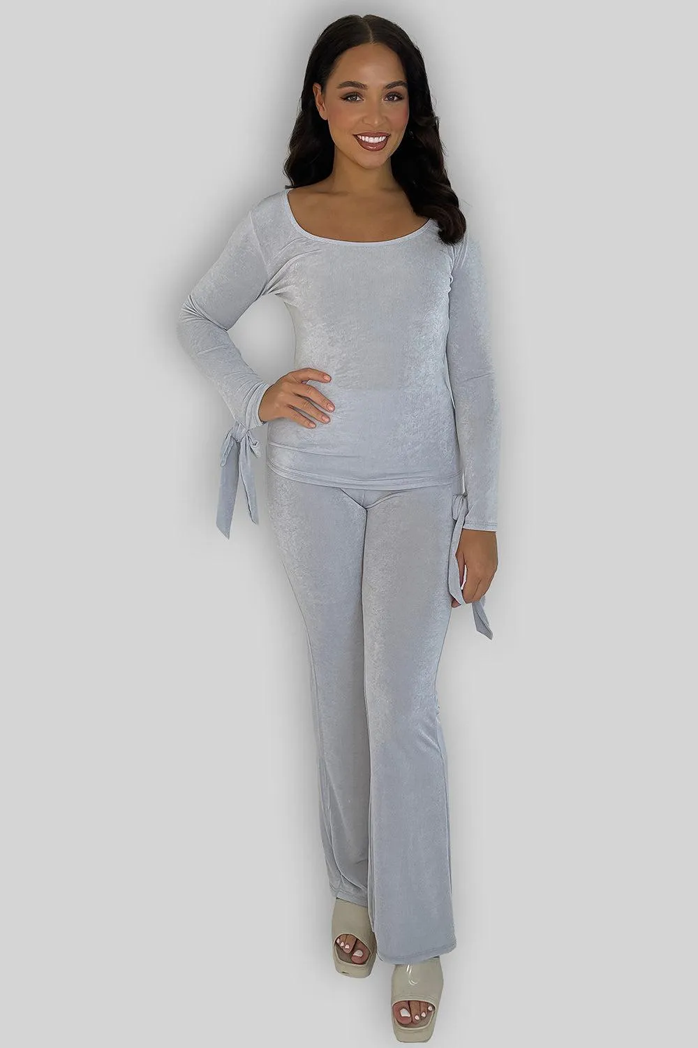 Sheer Slinky Tie Sleeve Top And Straight Leg Trousers Co-ord Set
