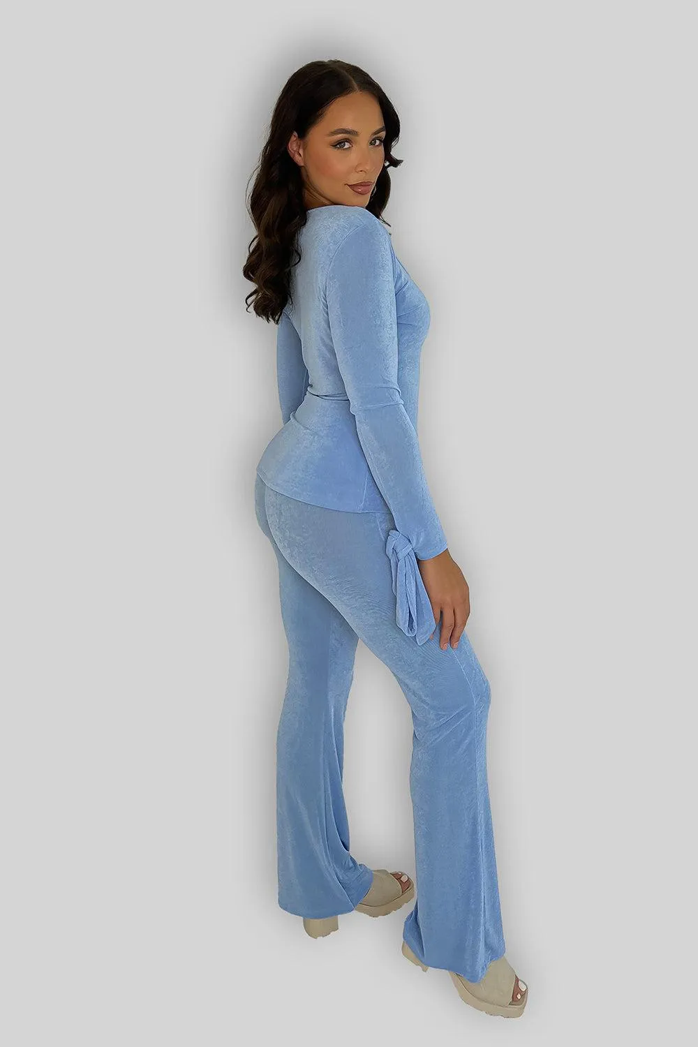 Sheer Slinky Tie Sleeve Top And Straight Leg Trousers Co-ord Set