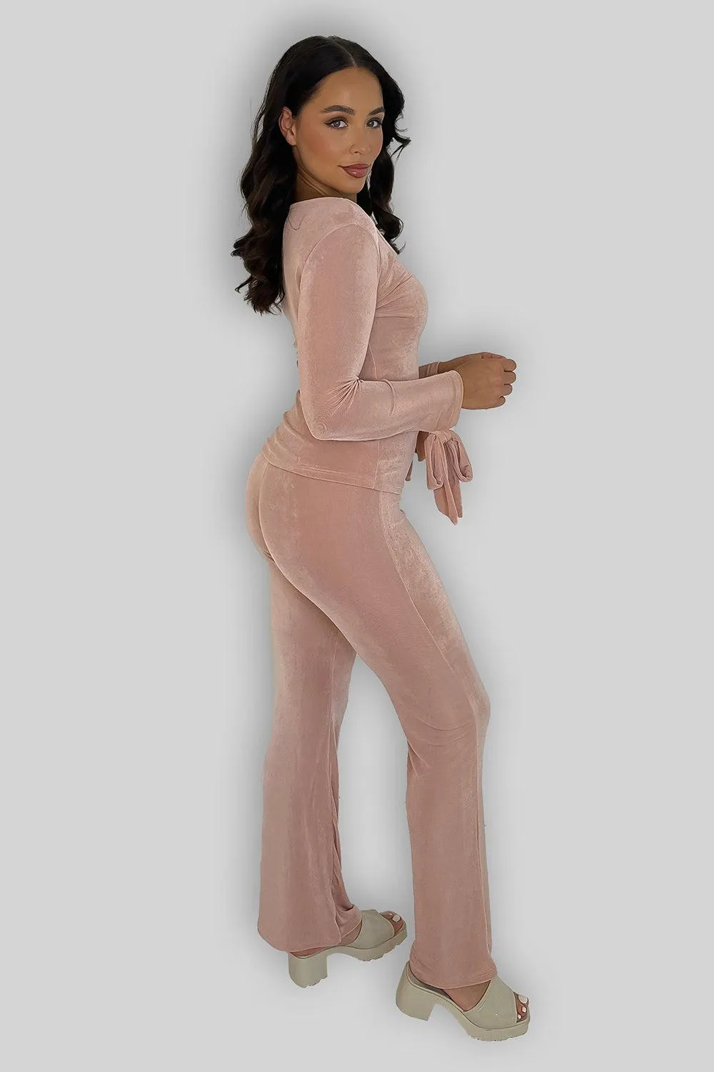 Sheer Slinky Tie Sleeve Top And Straight Leg Trousers Co-ord Set
