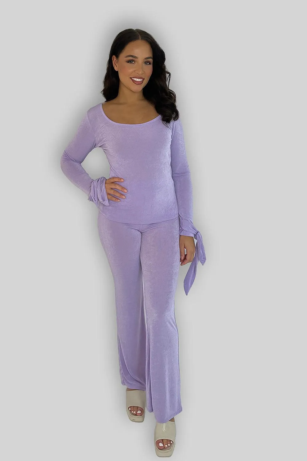 Sheer Slinky Tie Sleeve Top And Straight Leg Trousers Co-ord Set