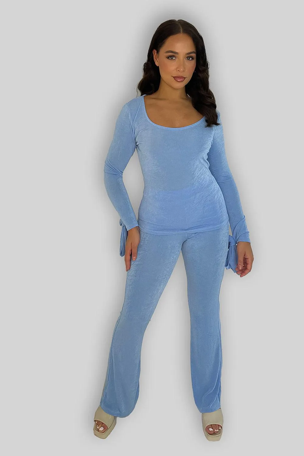 Sheer Slinky Tie Sleeve Top And Straight Leg Trousers Co-ord Set