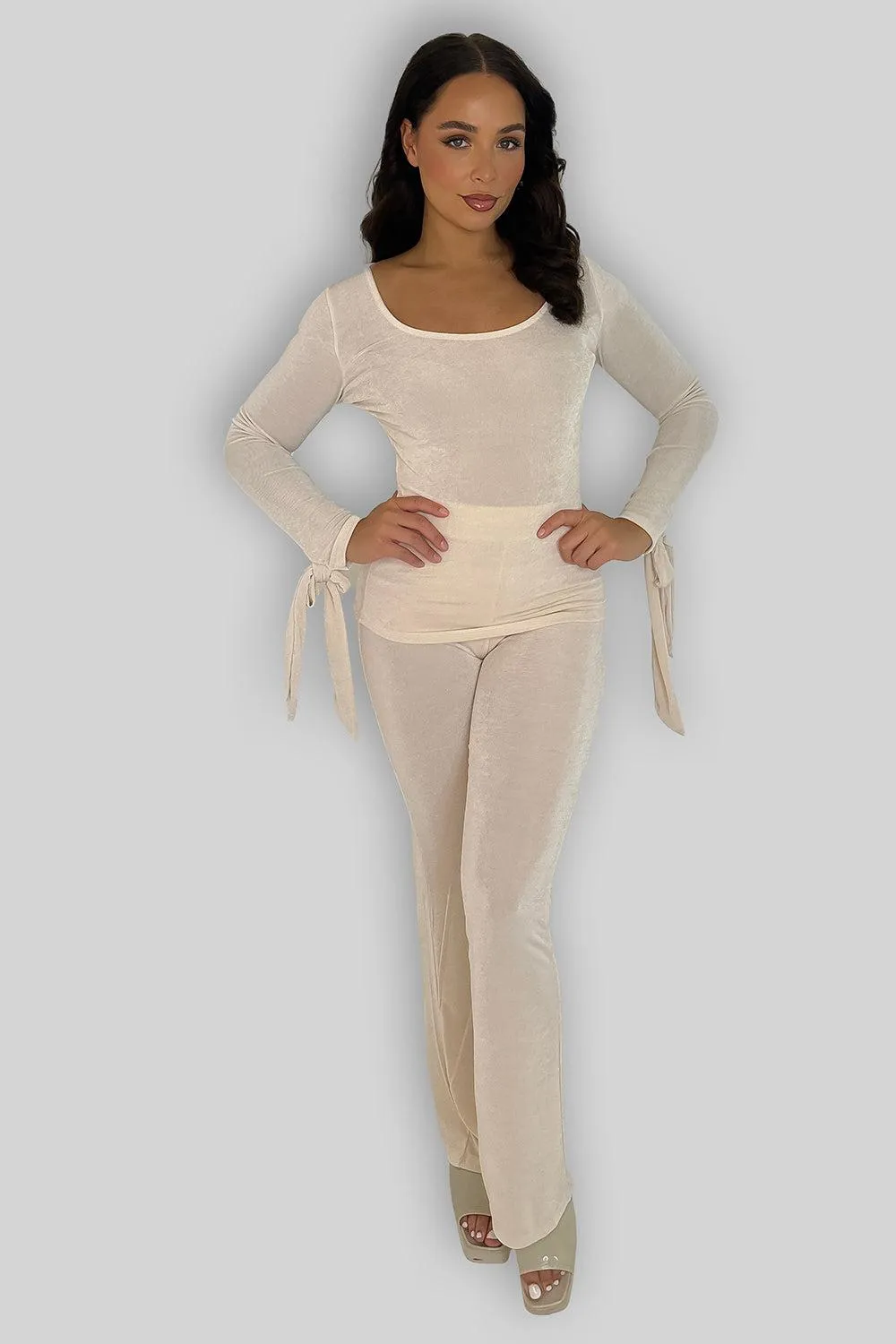 Sheer Slinky Tie Sleeve Top And Straight Leg Trousers Co-ord Set