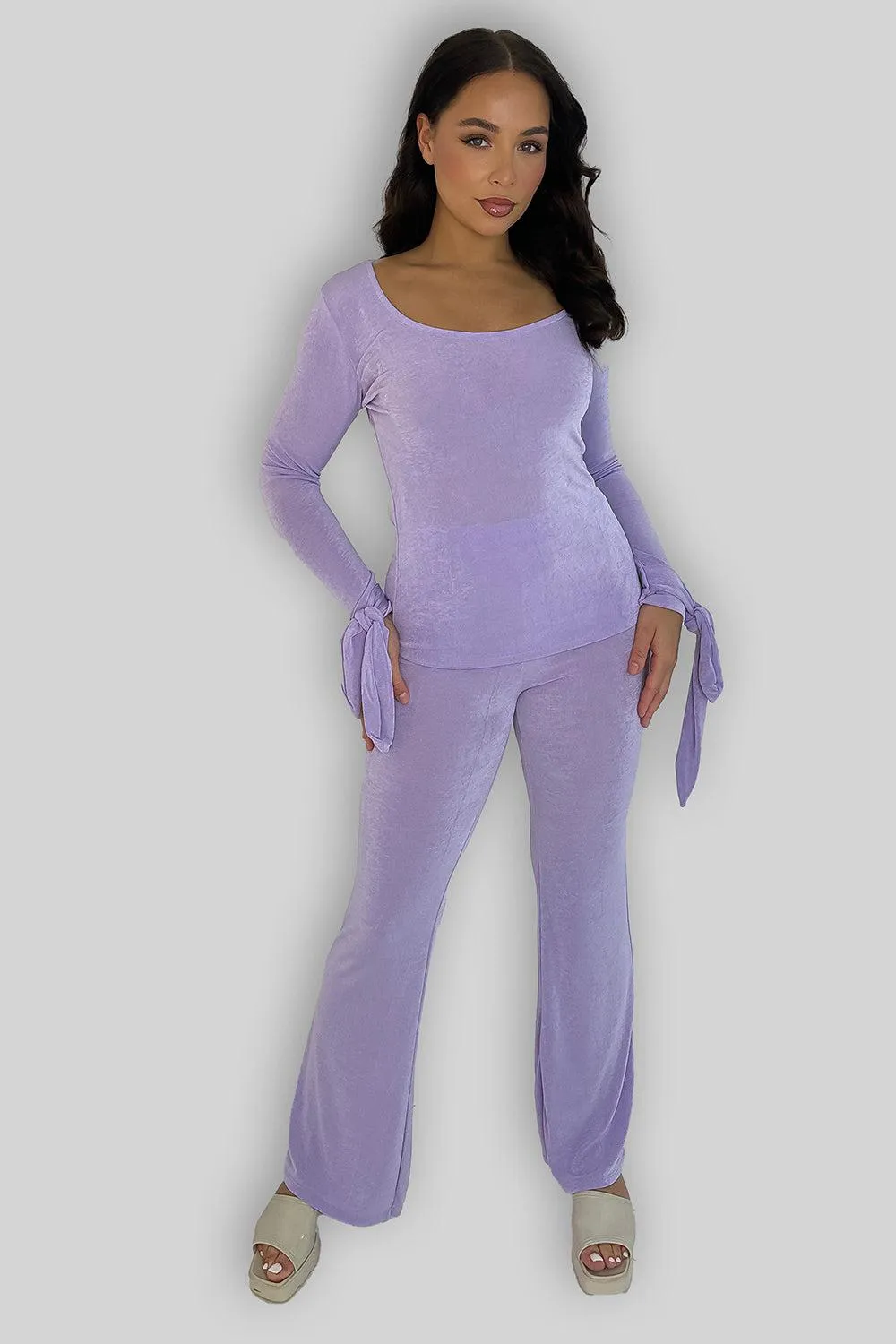 Sheer Slinky Tie Sleeve Top And Straight Leg Trousers Co-ord Set