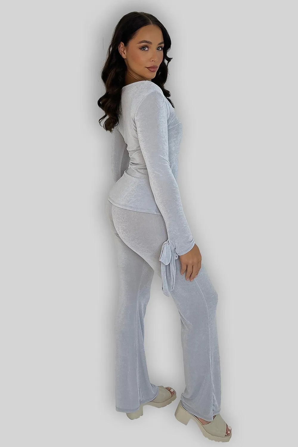 Sheer Slinky Tie Sleeve Top And Straight Leg Trousers Co-ord Set
