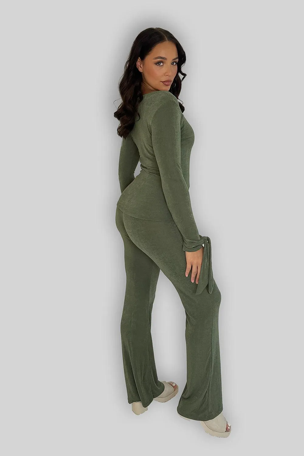 Sheer Slinky Tie Sleeve Top And Straight Leg Trousers Co-ord Set