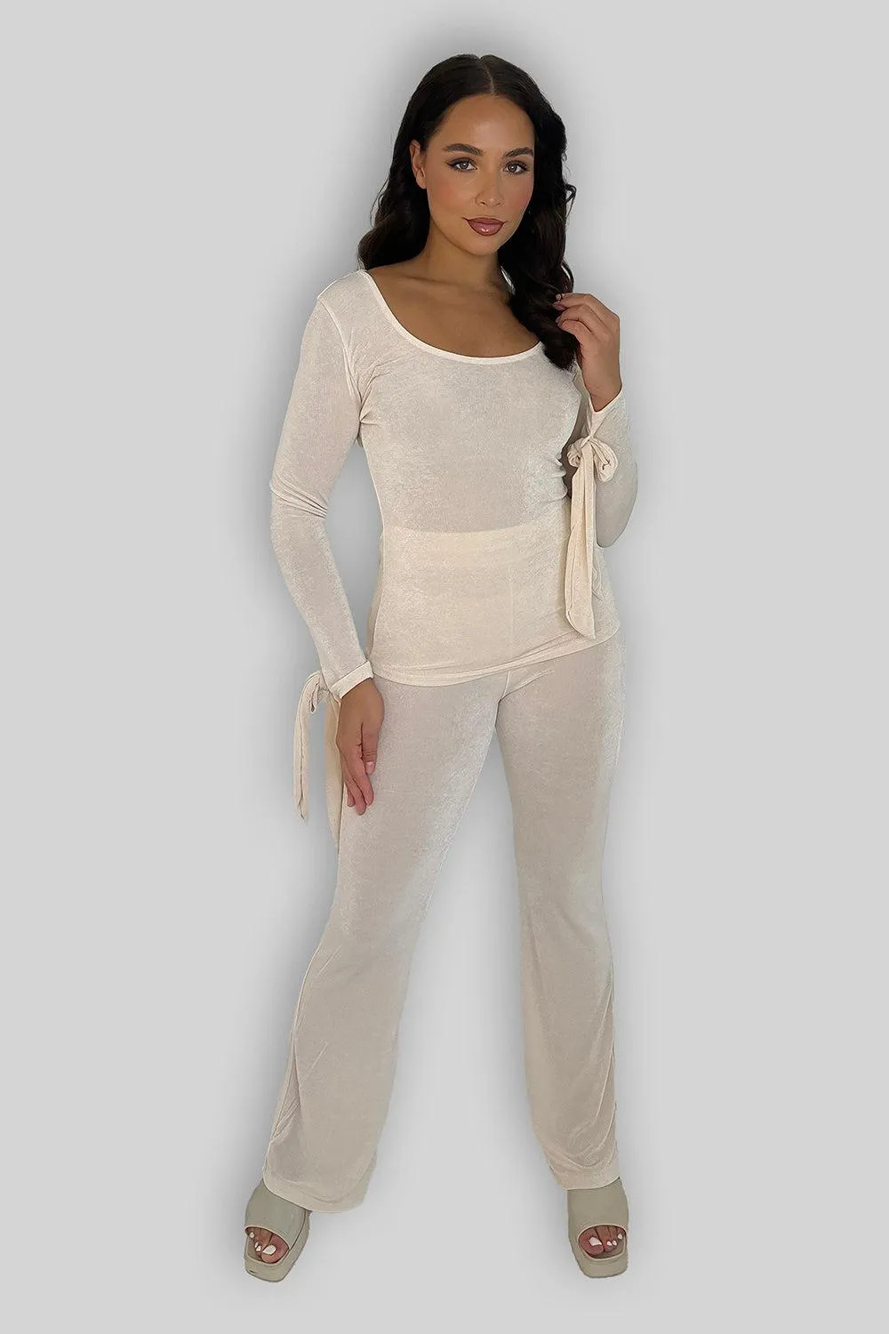 Sheer Slinky Tie Sleeve Top And Straight Leg Trousers Co-ord Set