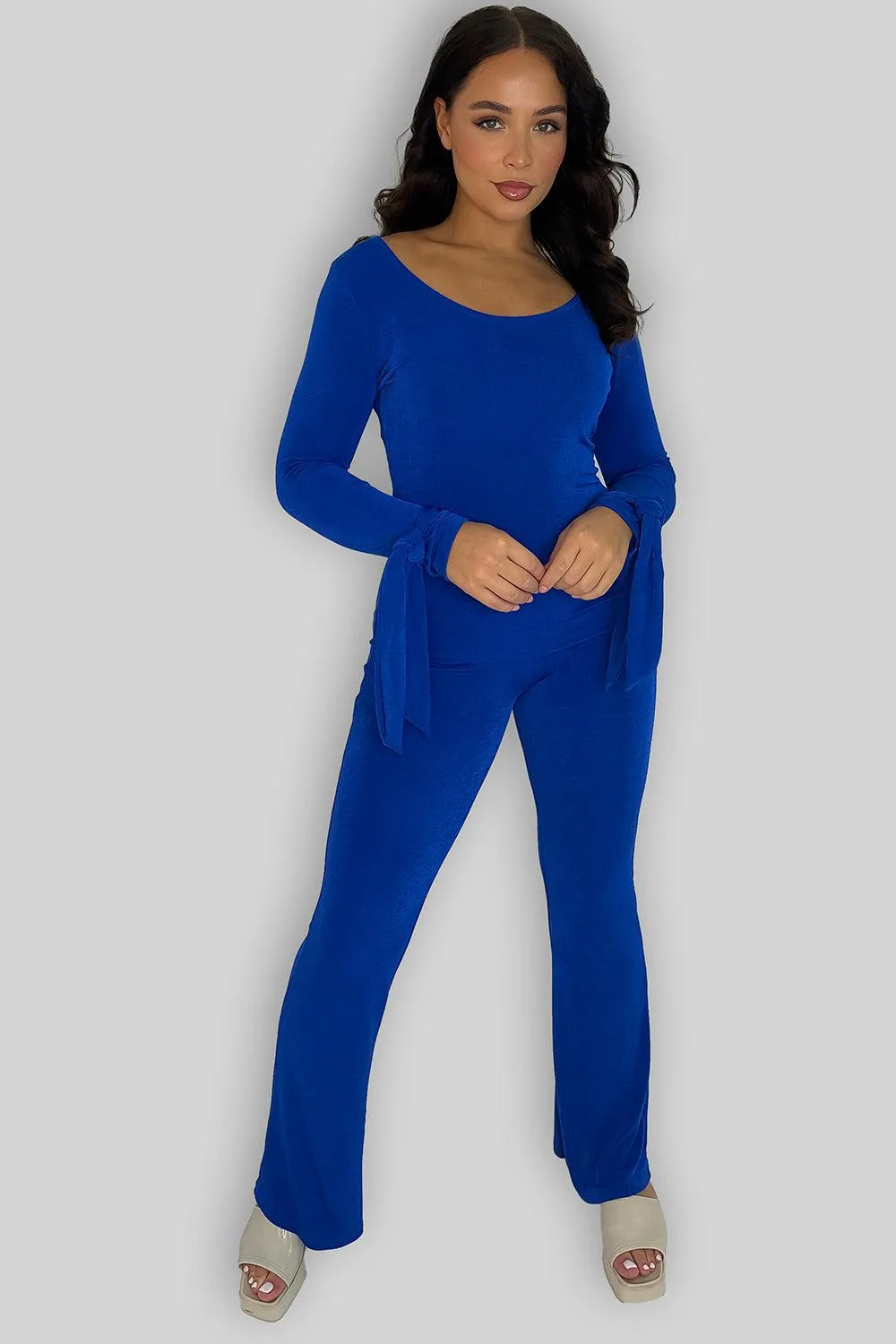 Sheer Slinky Tie Sleeve Top And Straight Leg Trousers Co-ord Set