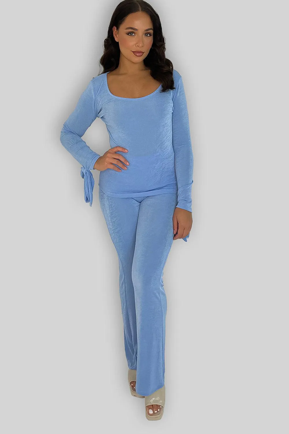Sheer Slinky Tie Sleeve Top And Straight Leg Trousers Co-ord Set