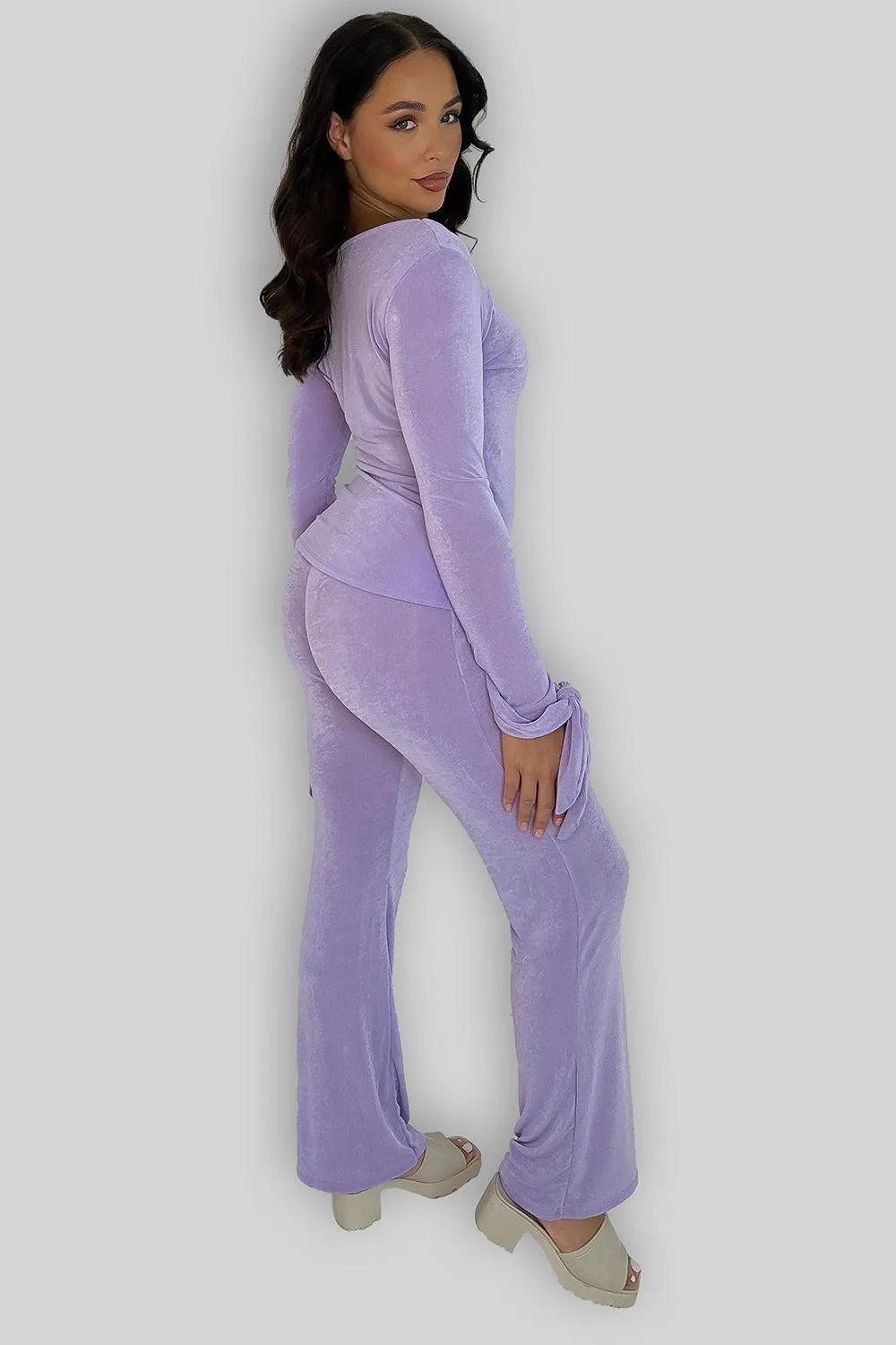 Sheer Slinky Tie Sleeve Top And Straight Leg Trousers Co-ord Set