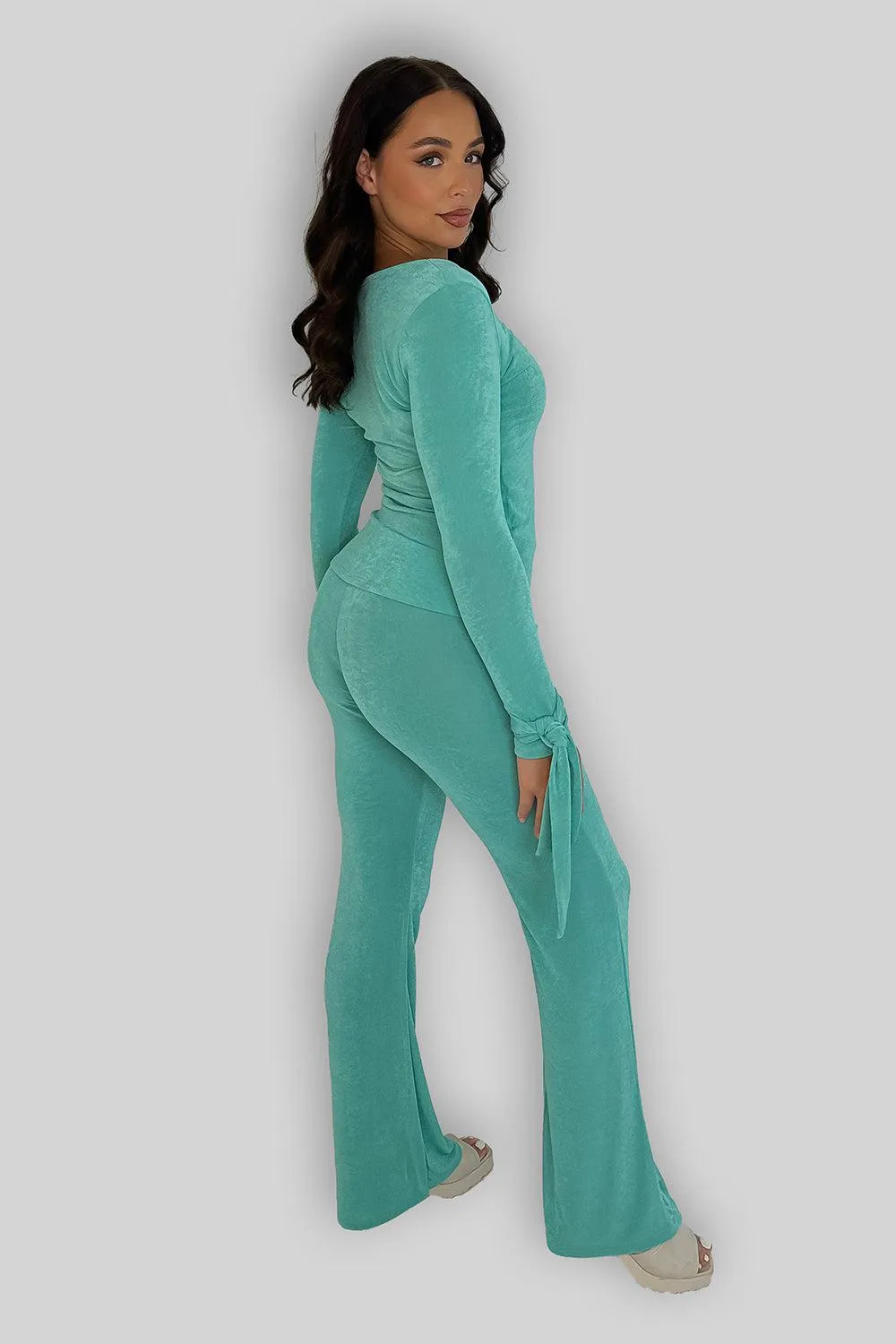 Sheer Slinky Tie Sleeve Top And Straight Leg Trousers Co-ord Set