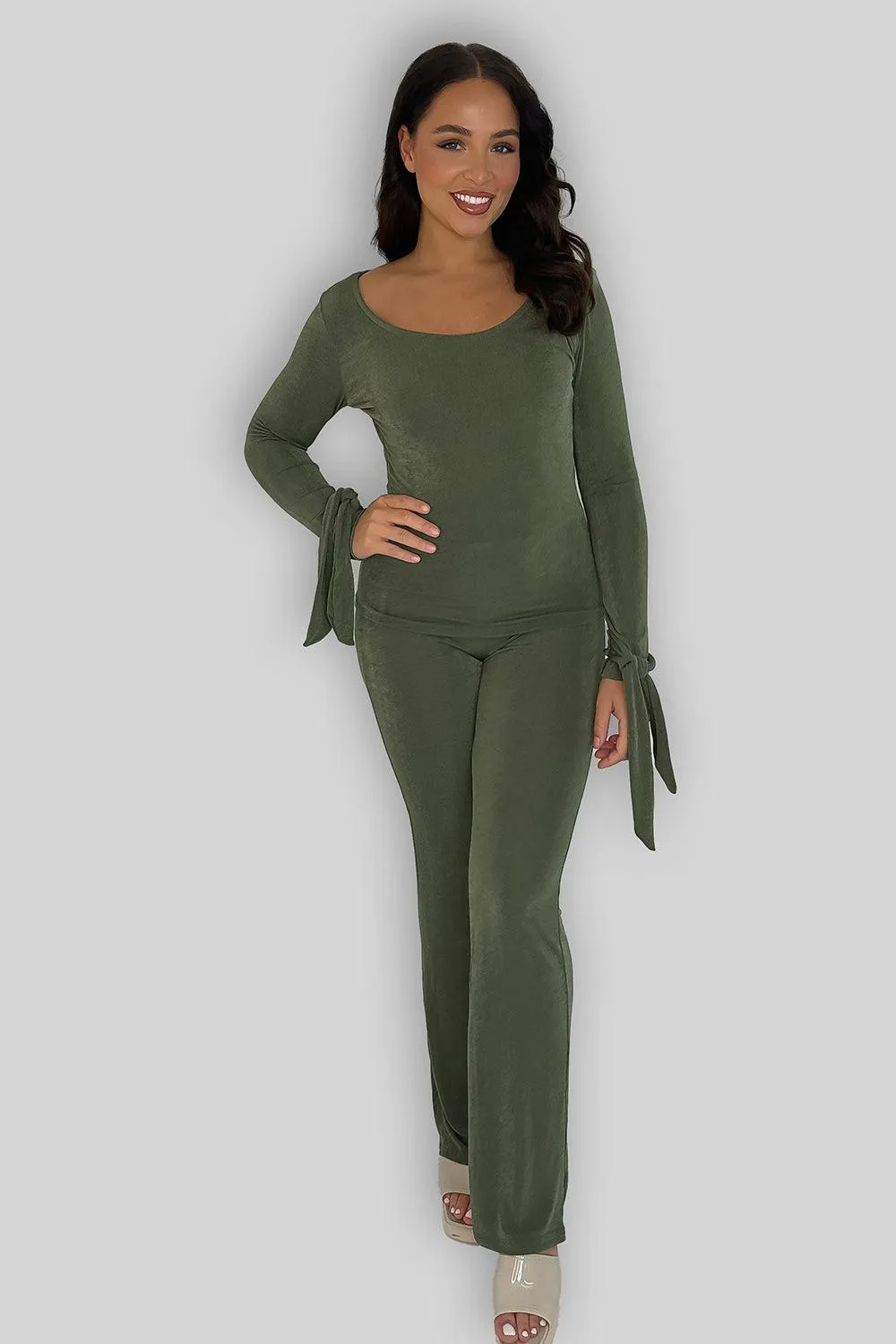 Sheer Slinky Tie Sleeve Top And Straight Leg Trousers Co-ord Set