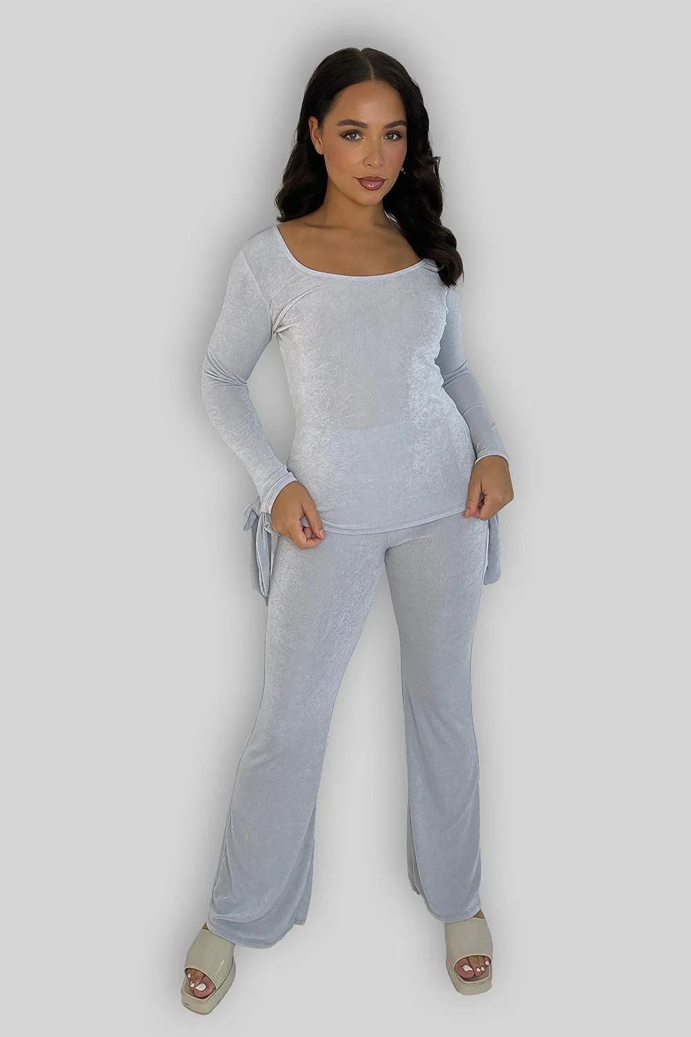 Sheer Slinky Tie Sleeve Top And Straight Leg Trousers Co-ord Set
