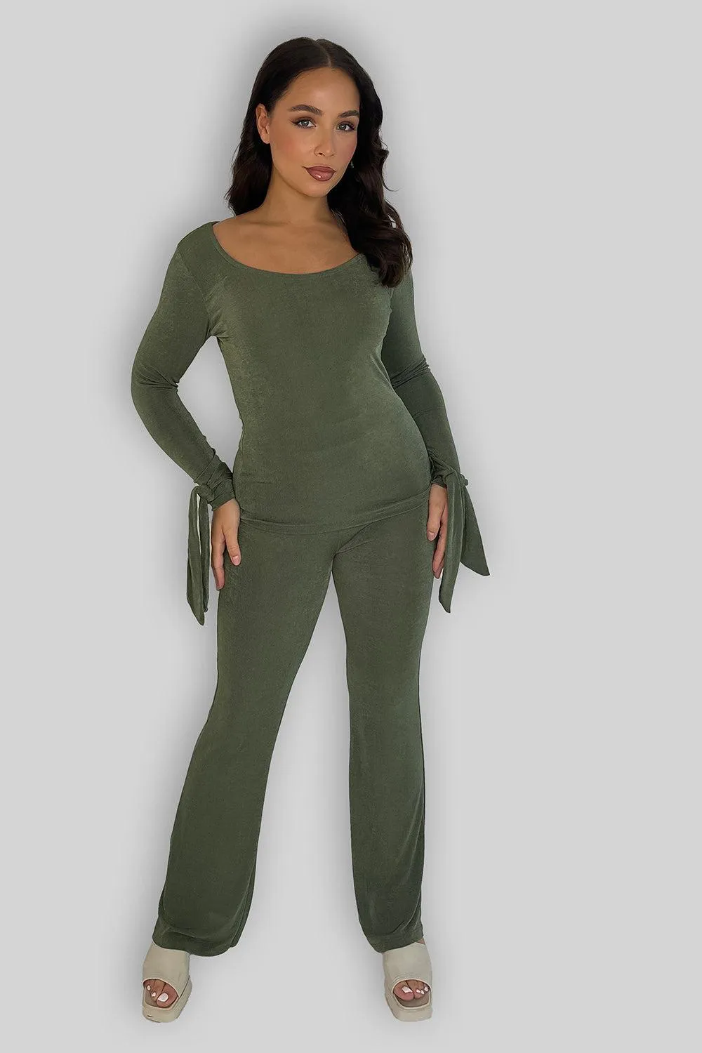 Sheer Slinky Tie Sleeve Top And Straight Leg Trousers Co-ord Set