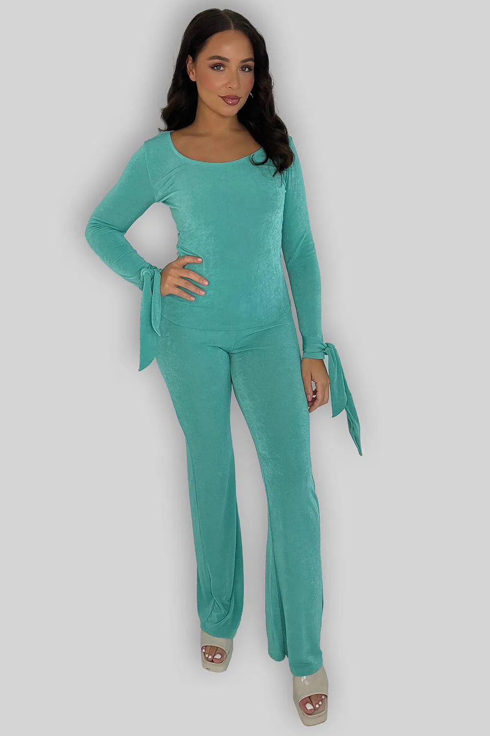 Sheer Slinky Tie Sleeve Top And Straight Leg Trousers Co-ord Set