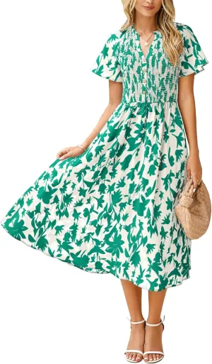 Simplee Floral Smocked Midi Dress V Neck Short Sleeve Empire Waist A Line Boho Beach Dress