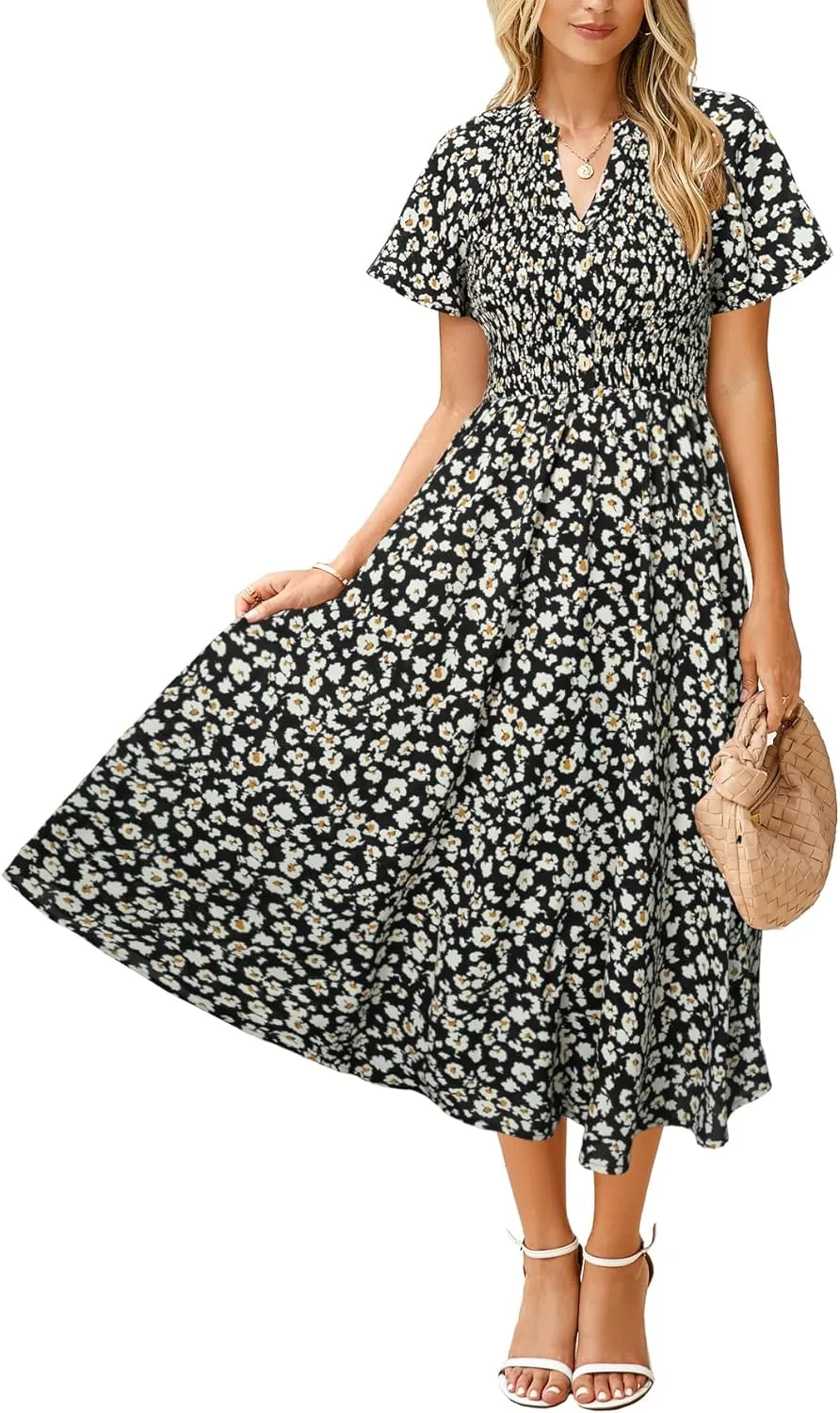 Simplee Floral Smocked Midi Dress V Neck Short Sleeve Empire Waist A Line Boho Beach Dress