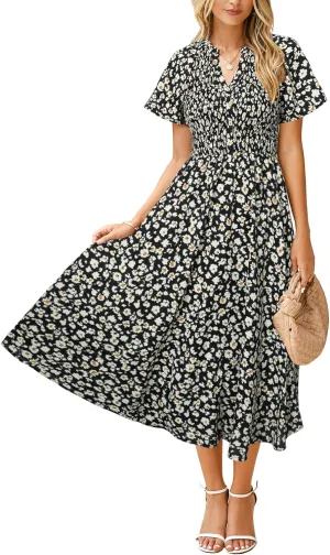 Simplee Floral Smocked Midi Dress V Neck Short Sleeve Empire Waist A Line Boho Beach Dress