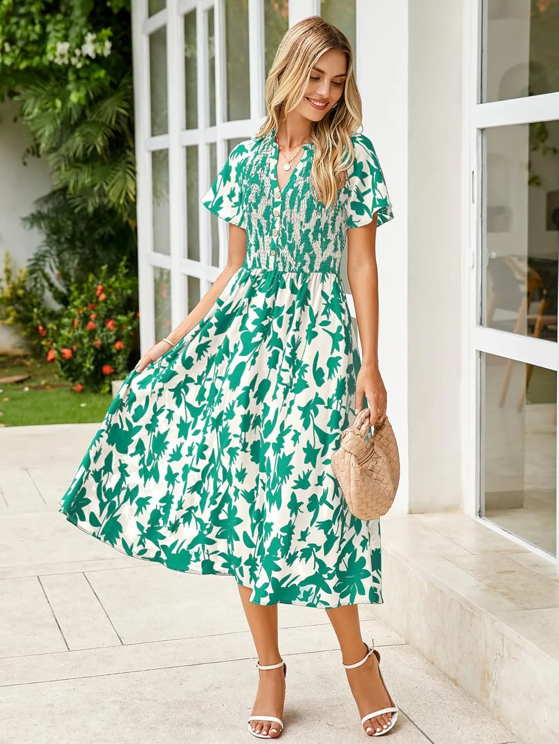 Simplee Floral Smocked Midi Dress V Neck Short Sleeve Empire Waist A Line Boho Beach Dress