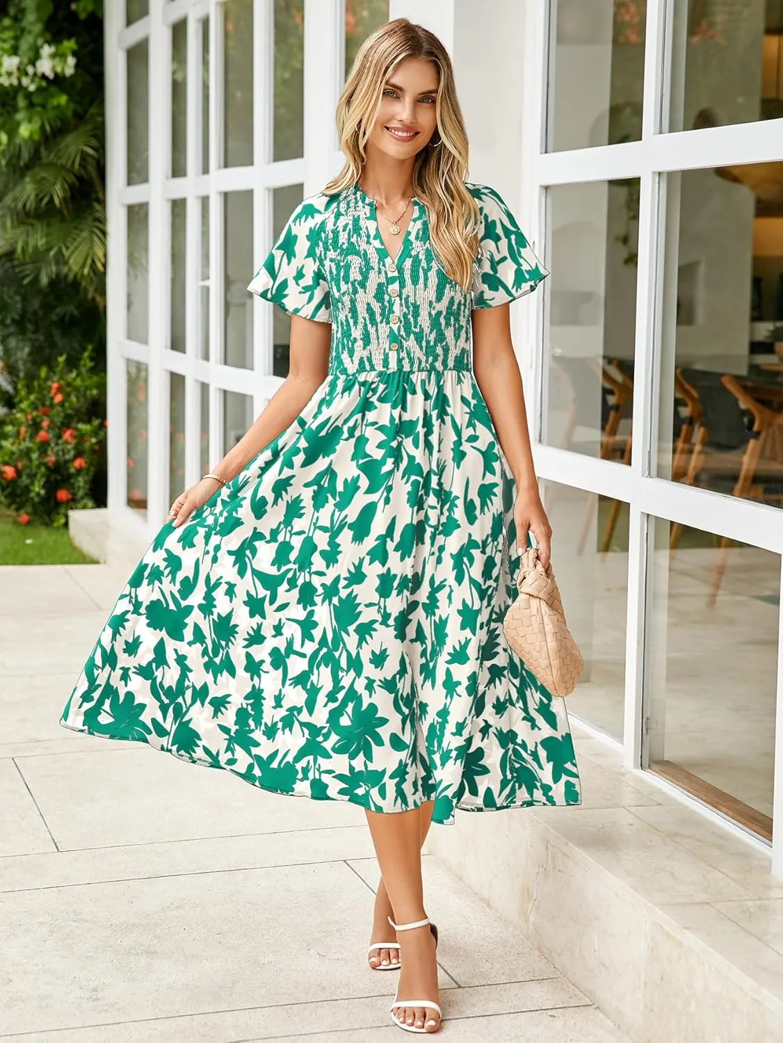 Simplee Floral Smocked Midi Dress V Neck Short Sleeve Empire Waist A Line Boho Beach Dress