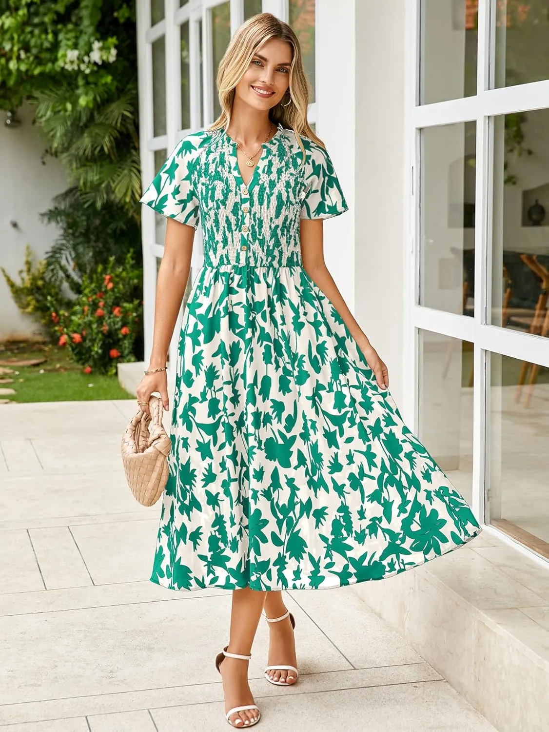 Simplee Floral Smocked Midi Dress V Neck Short Sleeve Empire Waist A Line Boho Beach Dress