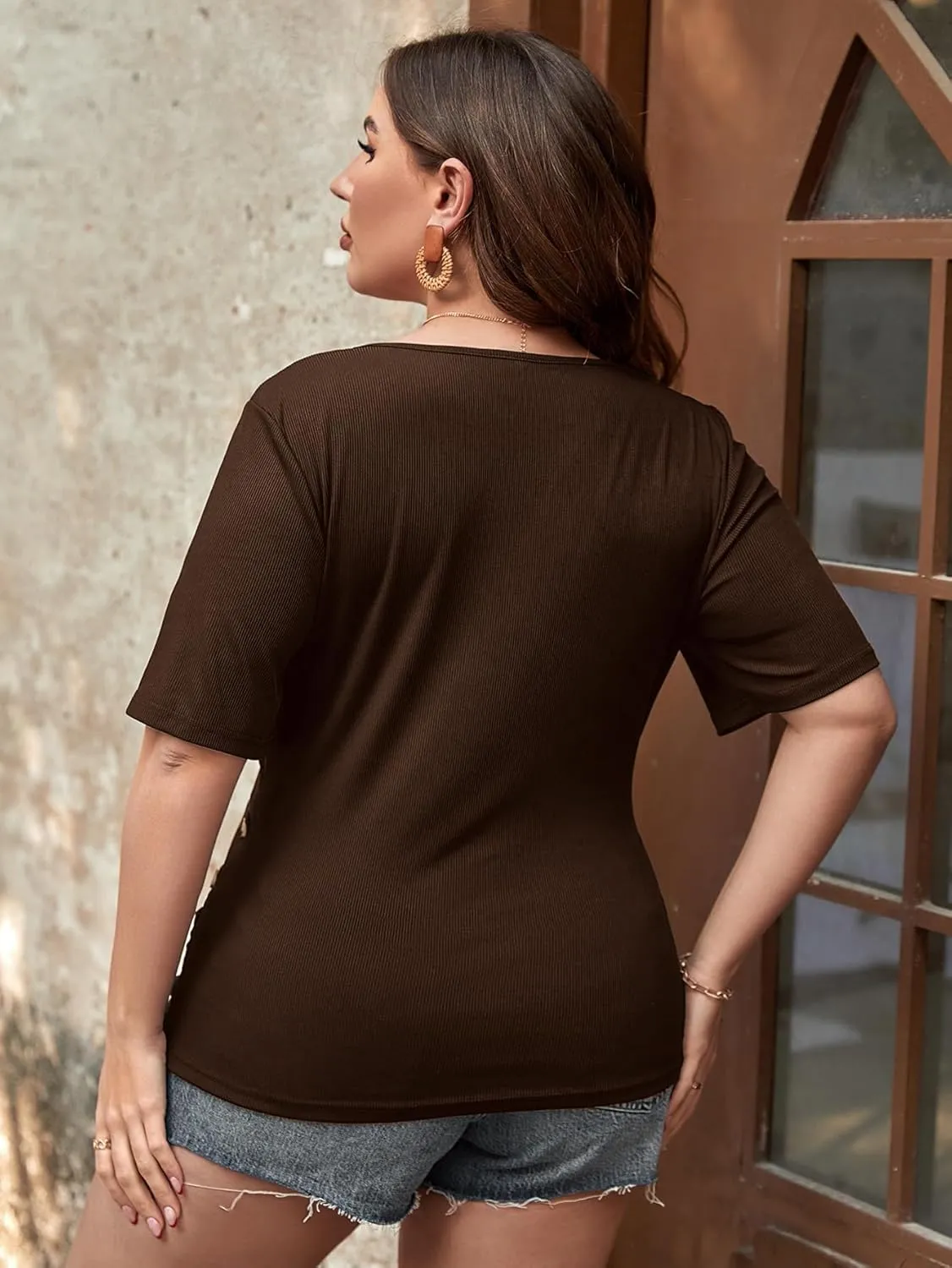 SOLY HUX Women's Plus Size Deep V Neck Tee Tops Wrap Short Sleeve Ruched Button Side Slim Fit T Shirt