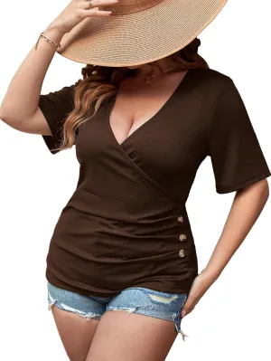 SOLY HUX Women's Plus Size Deep V Neck Tee Tops Wrap Short Sleeve Ruched Button Side Slim Fit T Shirt