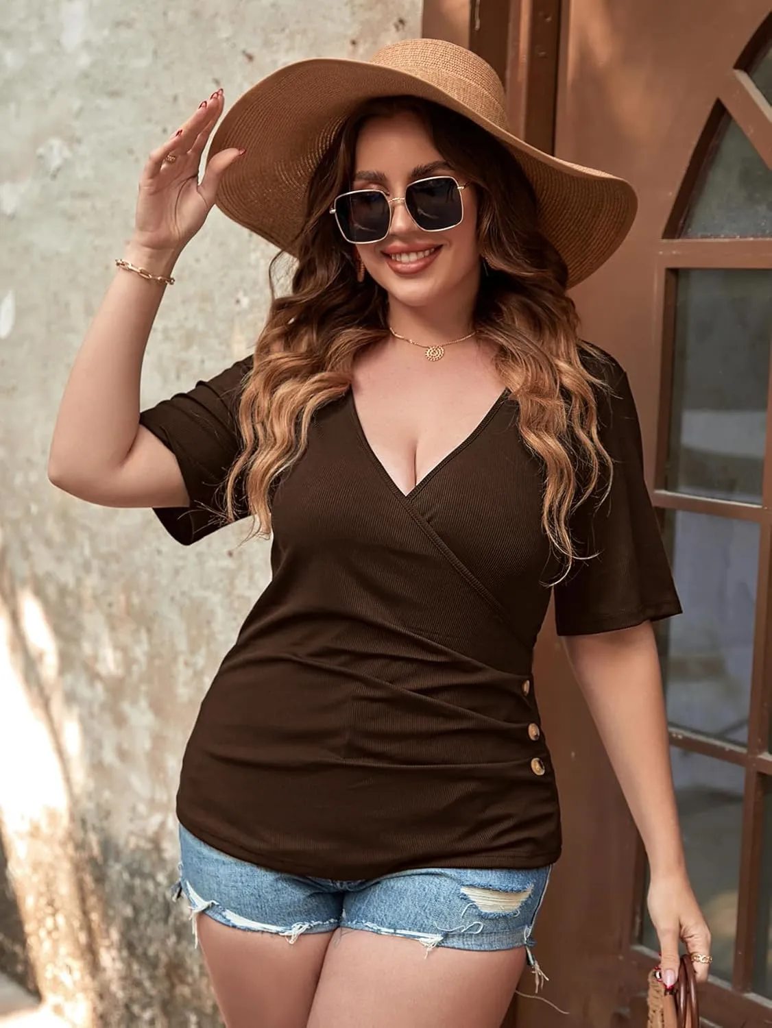 SOLY HUX Women's Plus Size Deep V Neck Tee Tops Wrap Short Sleeve Ruched Button Side Slim Fit T Shirt
