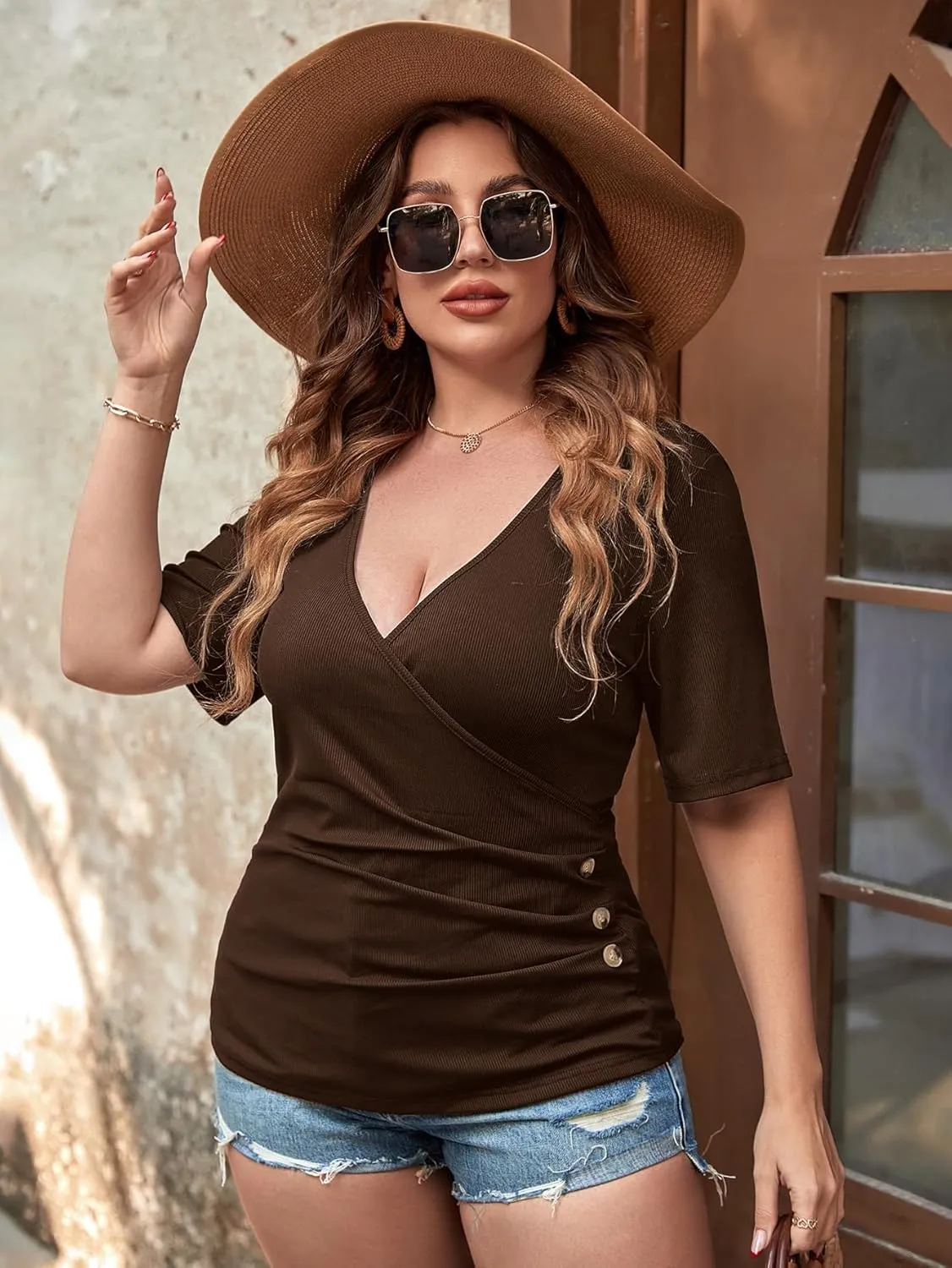 SOLY HUX Women's Plus Size Deep V Neck Tee Tops Wrap Short Sleeve Ruched Button Side Slim Fit T Shirt
