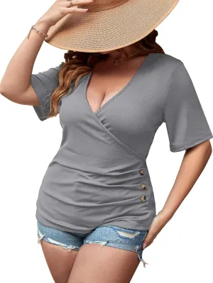 SOLY HUX Women's Plus Size Deep V Neck Tee Tops Wrap Short Sleeve Ruched Button Side Slim Fit T Shirt
