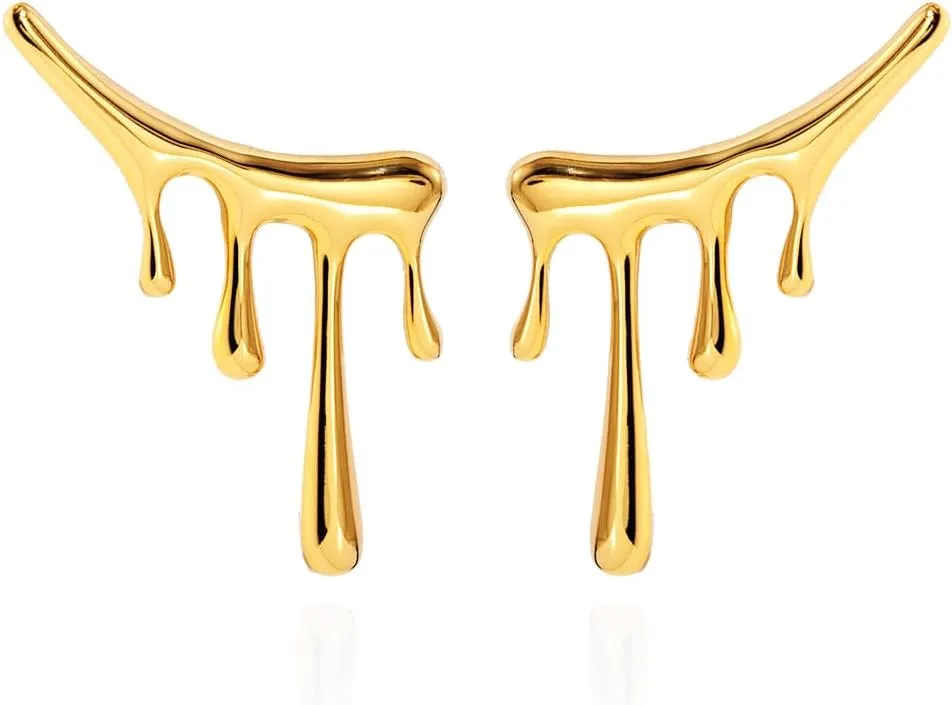 Statement Melting Mixmatch 18K Gold Plated Liquid Drip Ear Stud Earrings for Women, Irregular Water Drop Modern Trendy Earrings, Sterling Silver Post Dripping Unique Aesthetic Cool Jewelry