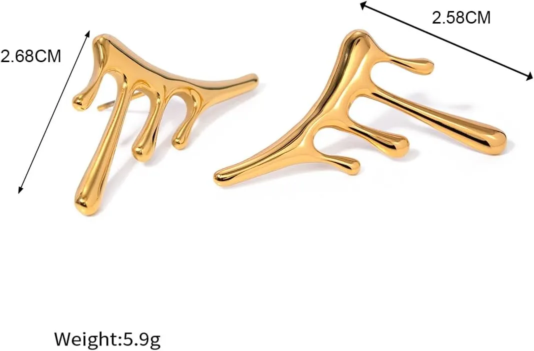 Statement Melting Mixmatch 18K Gold Plated Liquid Drip Ear Stud Earrings for Women, Irregular Water Drop Modern Trendy Earrings, Sterling Silver Post Dripping Unique Aesthetic Cool Jewelry