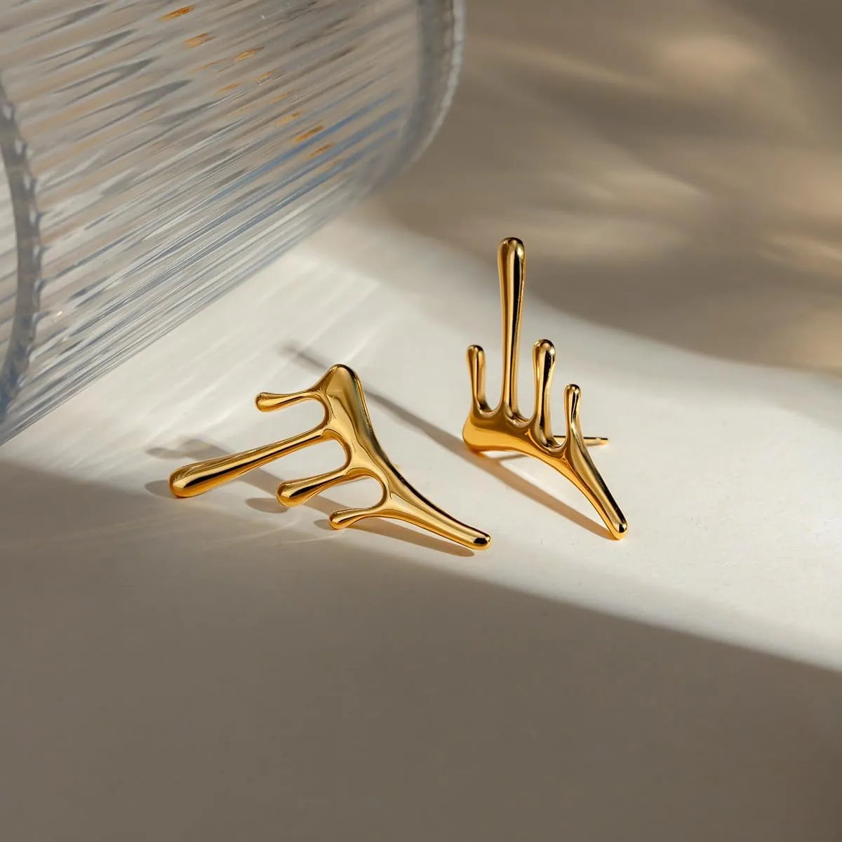 Statement Melting Mixmatch 18K Gold Plated Liquid Drip Ear Stud Earrings for Women, Irregular Water Drop Modern Trendy Earrings, Sterling Silver Post Dripping Unique Aesthetic Cool Jewelry