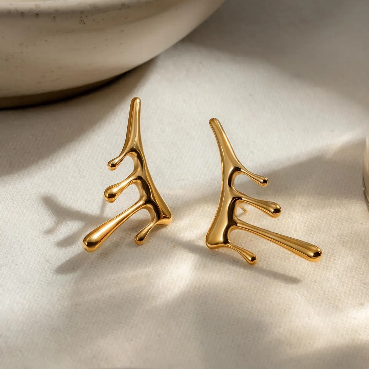 Statement Melting Mixmatch 18K Gold Plated Liquid Drip Ear Stud Earrings for Women, Irregular Water Drop Modern Trendy Earrings, Sterling Silver Post Dripping Unique Aesthetic Cool Jewelry