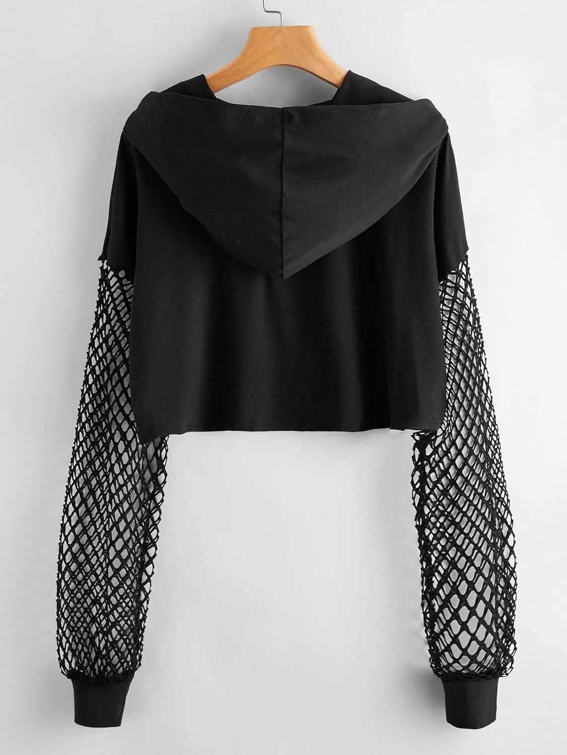 Verdusa Women's Fishnet Crop Hoodie Drop Shoulder Long Sleeve Sweatshirt Pullover